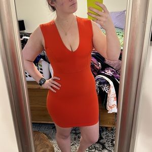 Red dress with plunging neckline